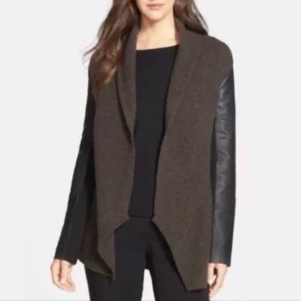 Eileen Fisher Petite Small Wool Cardigan with Leather Sleeves in Brown and Black